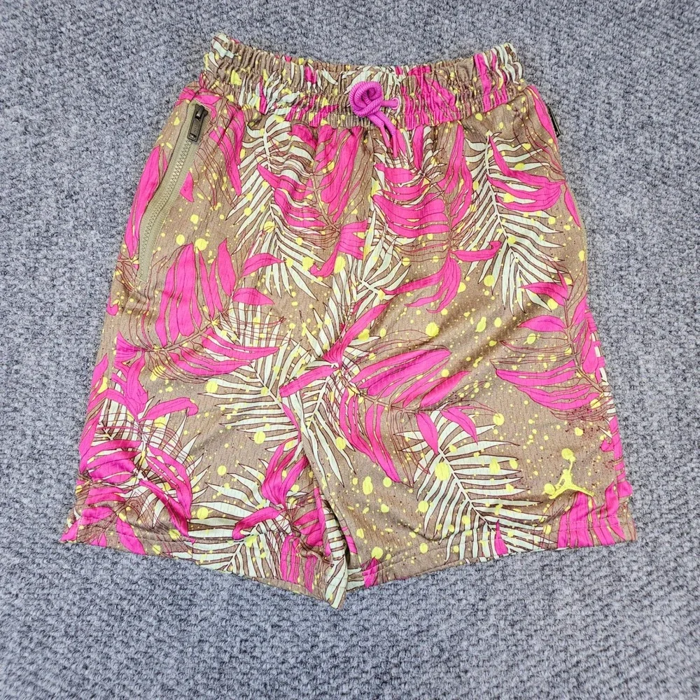 Jordan Mens Tropical Palm Print Basketball Shorts Pink Tan Splatter Small